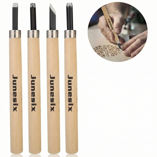 Flexifix 4-piece wood carving tool set with natural wood handles, metal ferrules, and four different blade profiles; includes usage demonstration