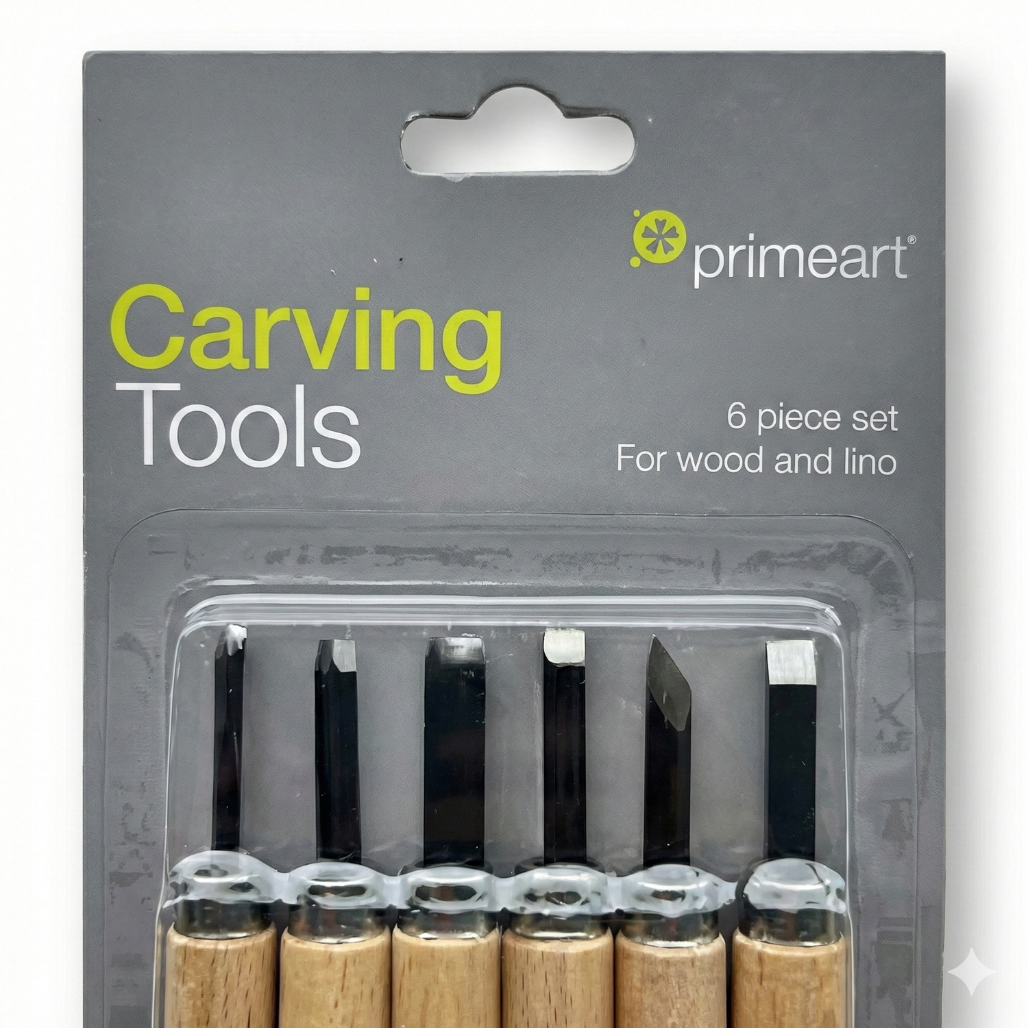 Primeart 6-piece wood carving tool set in packaging, showing six tools with black blades and natural wooden handles