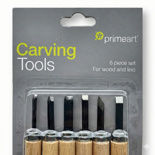 Primeart 6-piece wood carving tool set in packaging, showing six tools with black blades and natural wooden handles