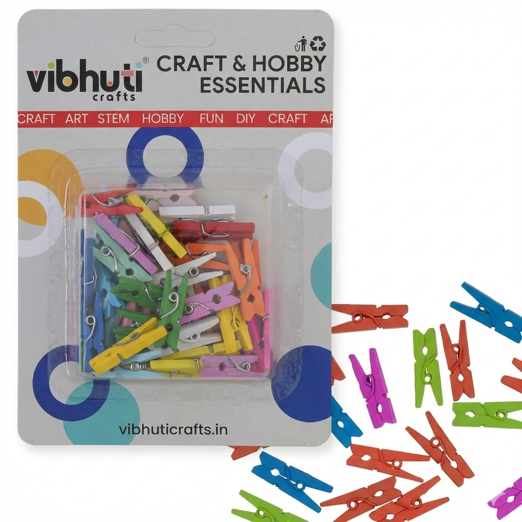 Vibhuti Craft & Hobby Essentials Art Wood Pegs Multi package with 24 assorted colored wooden pegs in red, blue, green, pink, yellow, and orange displayed on white background.