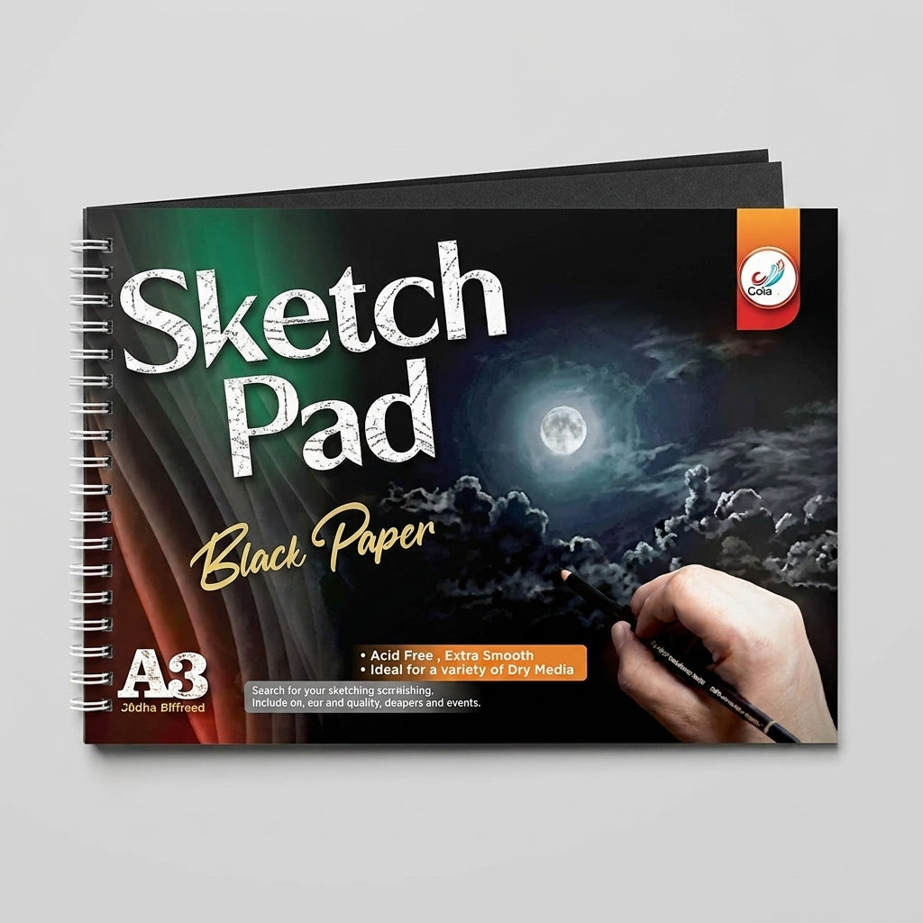 Colia Sketch Pad Black Paper A3 spiral-bound with moonlit sky design on cover and hand holding marker.