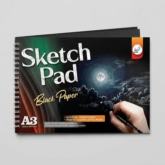 Colia Sketch Pad Black Paper A3 spiral-bound with moonlit sky design on cover and hand holding marker.