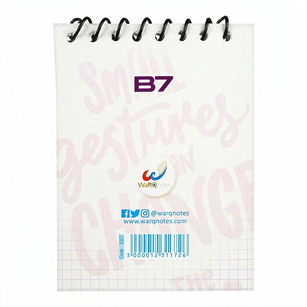 B7 spiral ring notebook with grid paper, 30 sheets, white cover with WarQ Notes logo and barcode