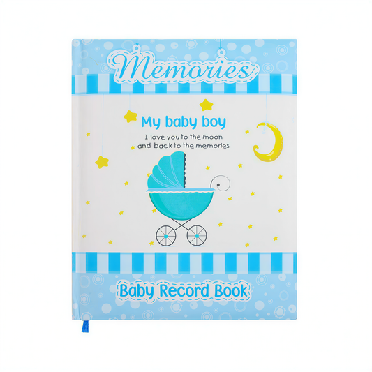 Baby Record Book for boys with turquoise pram, gold stars, crescent moon, blue striped cover and ribbon bookmark