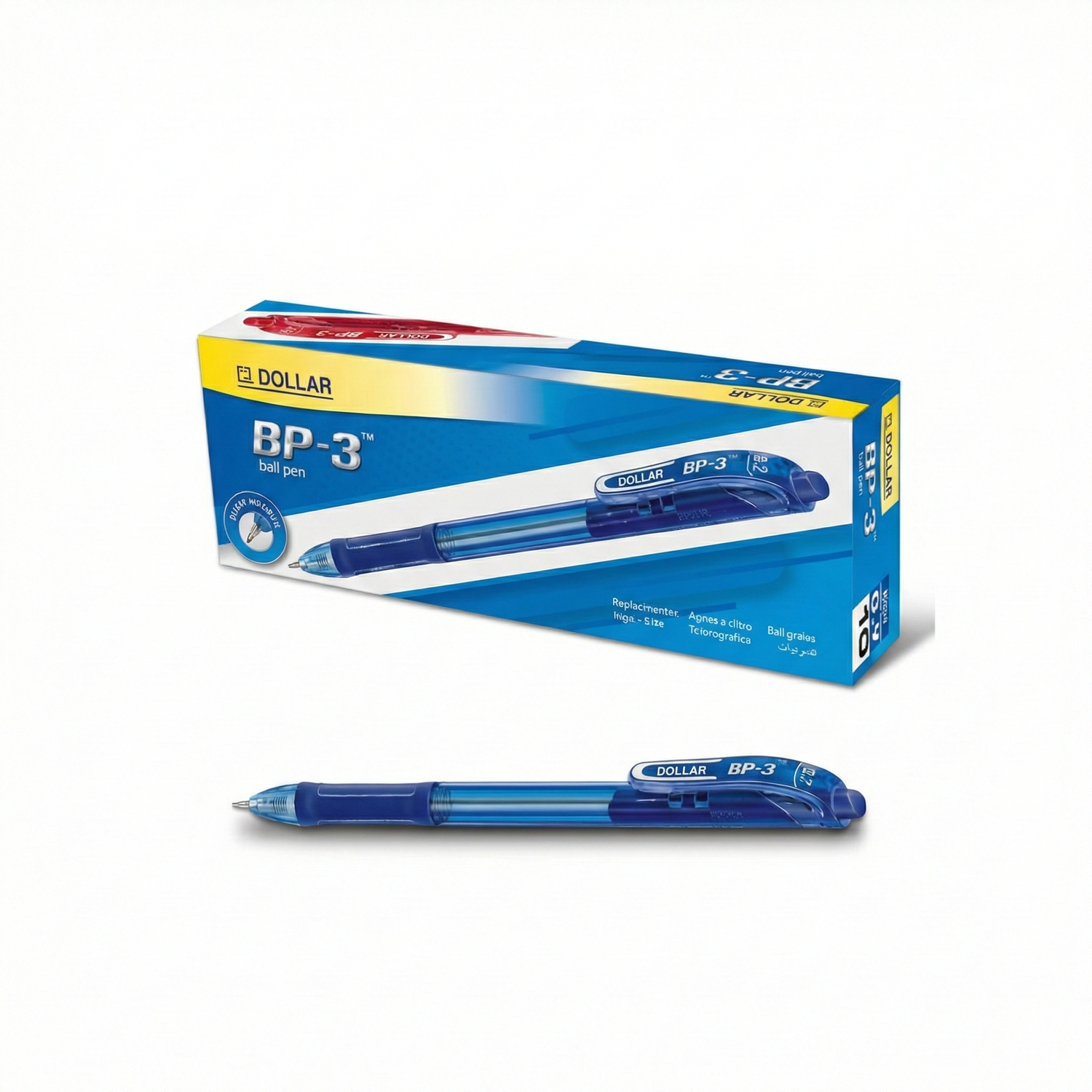 Dollar BP-3 blue ballpoint pen with packaging box and individual pen displayed. Smooth writing ball pen with blue barrel and clip.