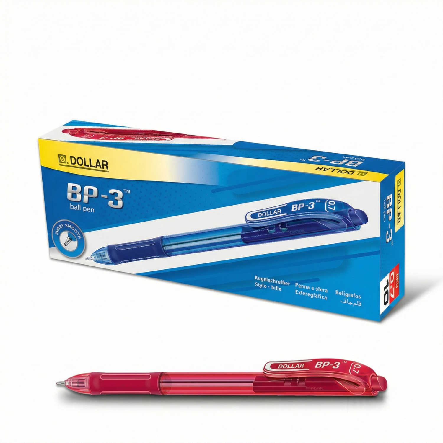 Dollar BP-3 ballpoint pen set showing red and blue pens with blue packaging box displaying product details and features