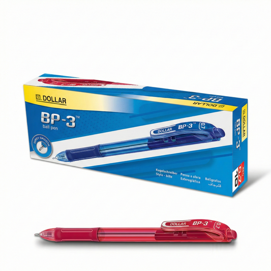 Dollar BP-3 ballpoint pen set showing red and blue pens with blue packaging box displaying product details and features