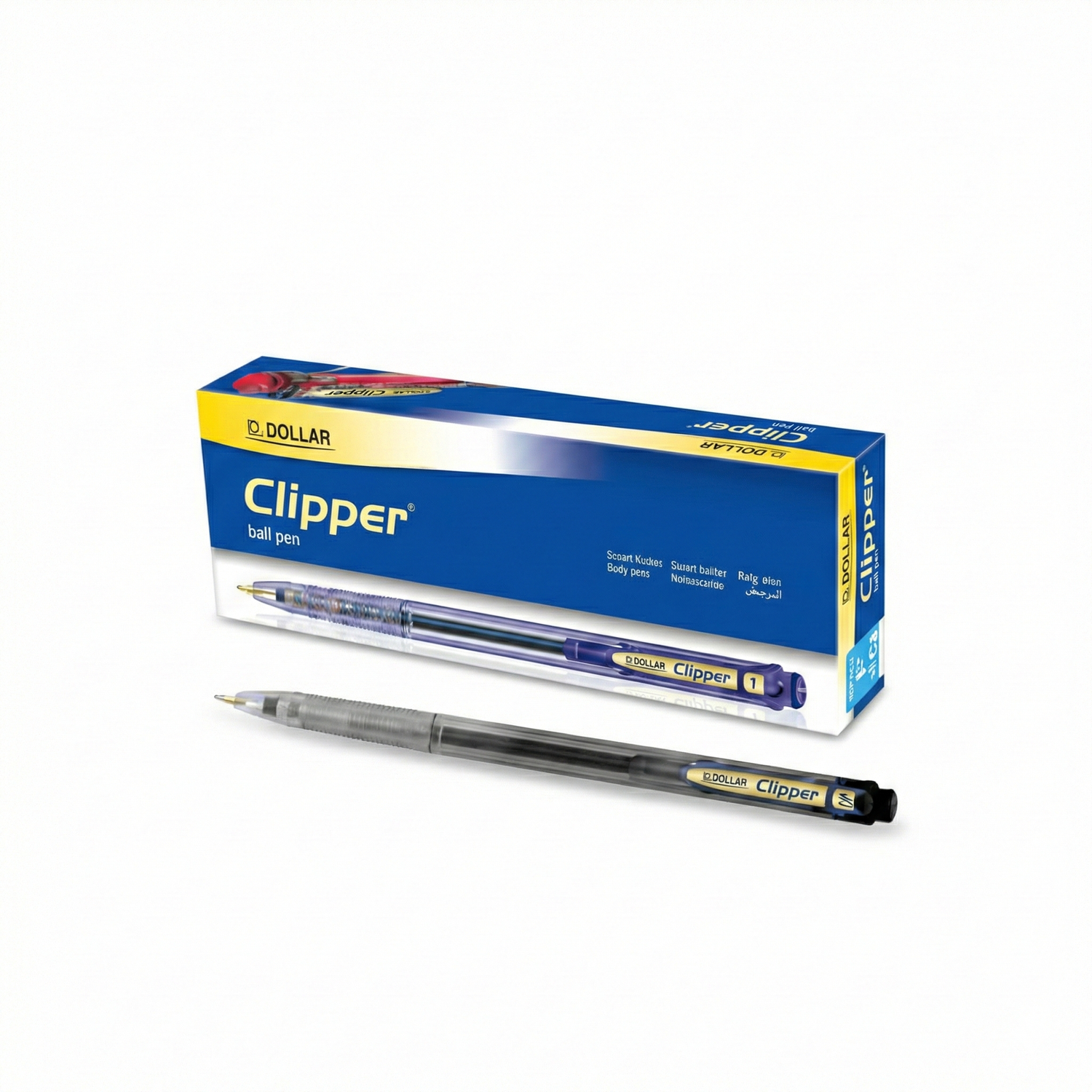 Dollar Clipper ball pen in black and blue variants shown with blue packaging box displaying product name and multilingual labeling