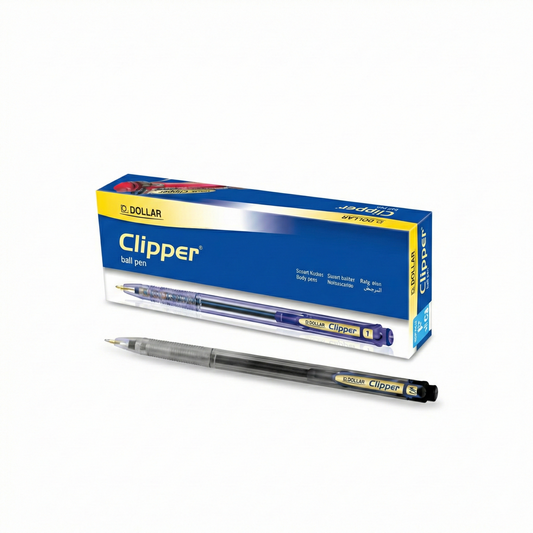 Dollar Clipper ball pen in black and blue variants shown with blue packaging box displaying product name and multilingual labeling