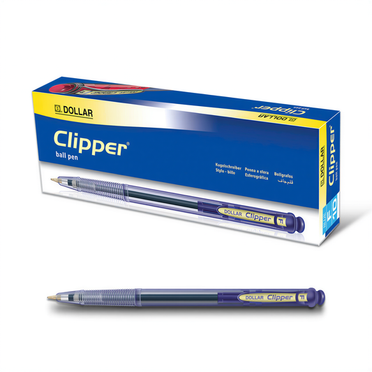 Dollar Clipper blue ball pen with packaging box and single pen displayed