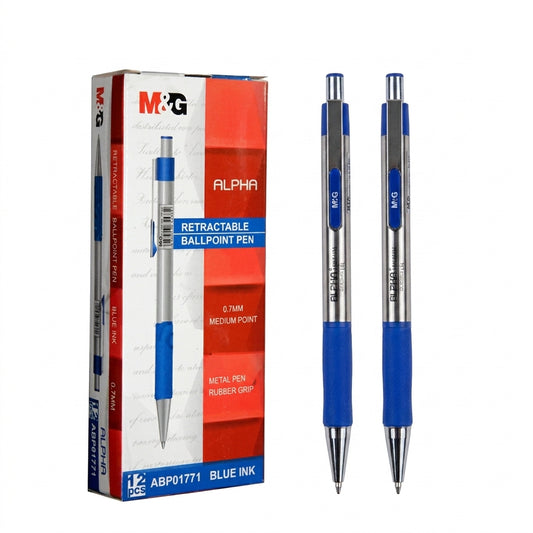M&G Alpha blue retractable ballpoint pens, 12-pack with metal barrel and blue rubber grip, 0.7mm medium point