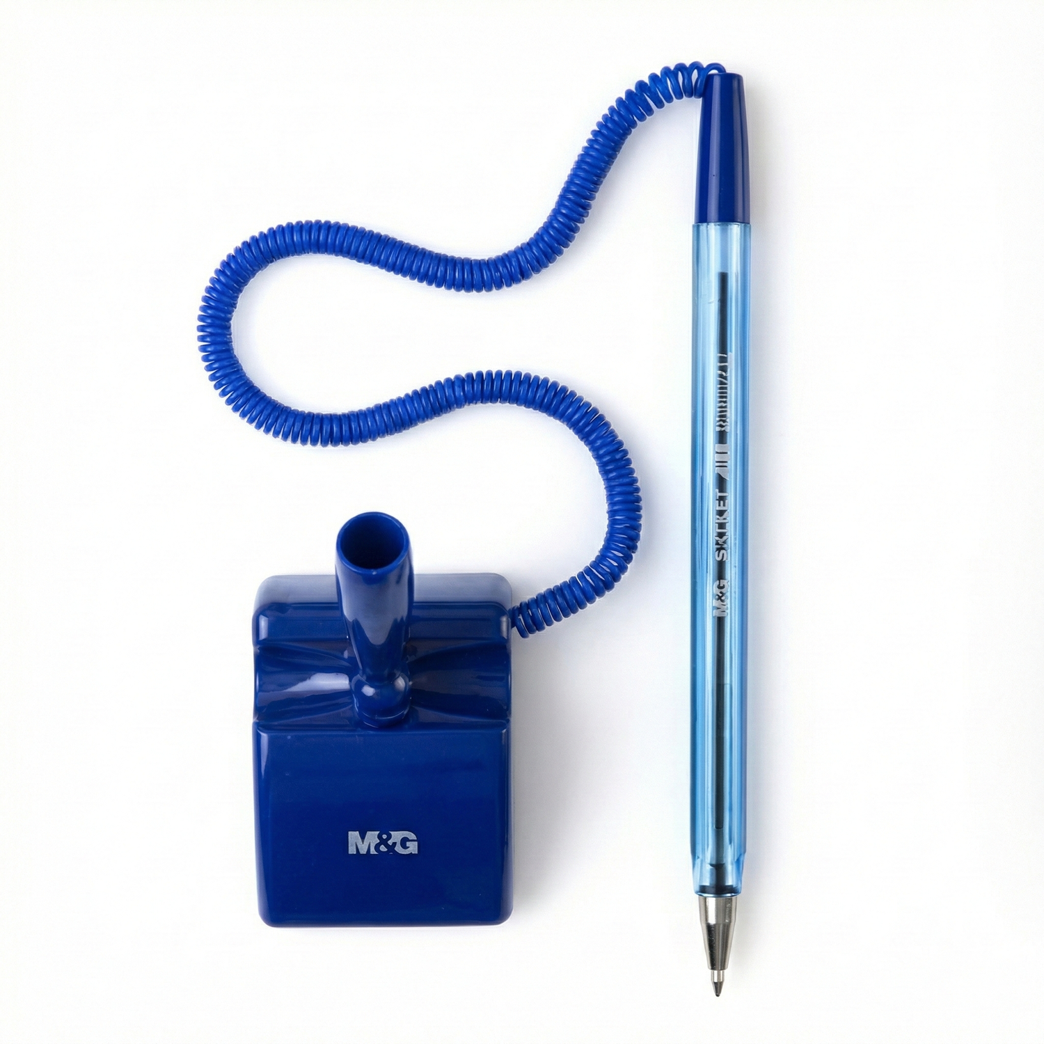 M&G Sticking Ball Pen blue retractable pen with matching desk holder and flexible tube connector displayed on white background
