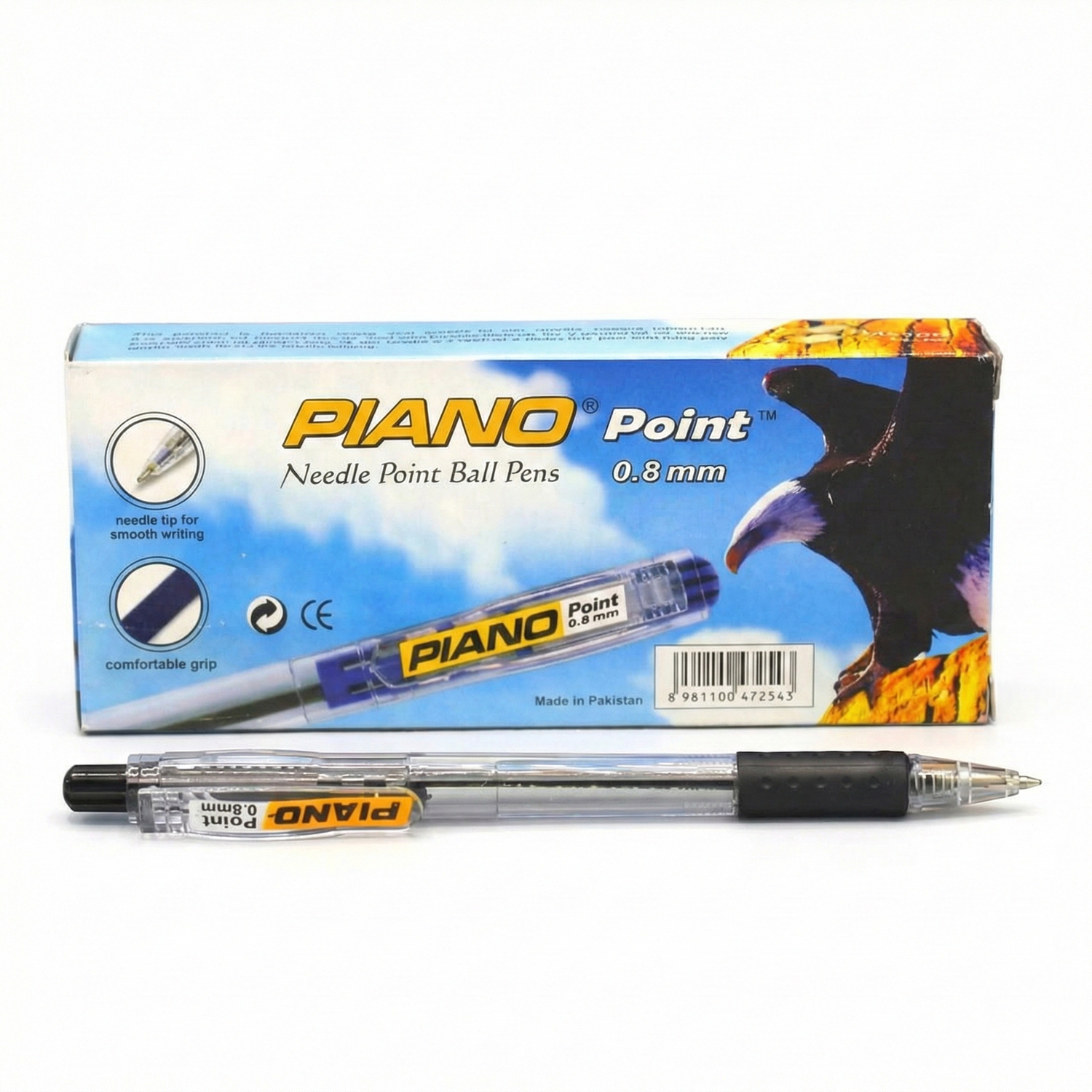 Piano Point 0.8mm needle ball pen in black with packaging box showing blue sky eagle design and product pen displayed below