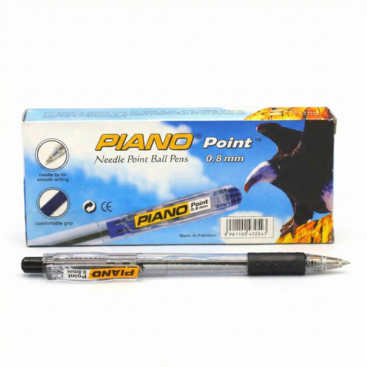 Piano Point 0.8mm needle ball pen in black with packaging box showing blue sky eagle design and product pen displayed below