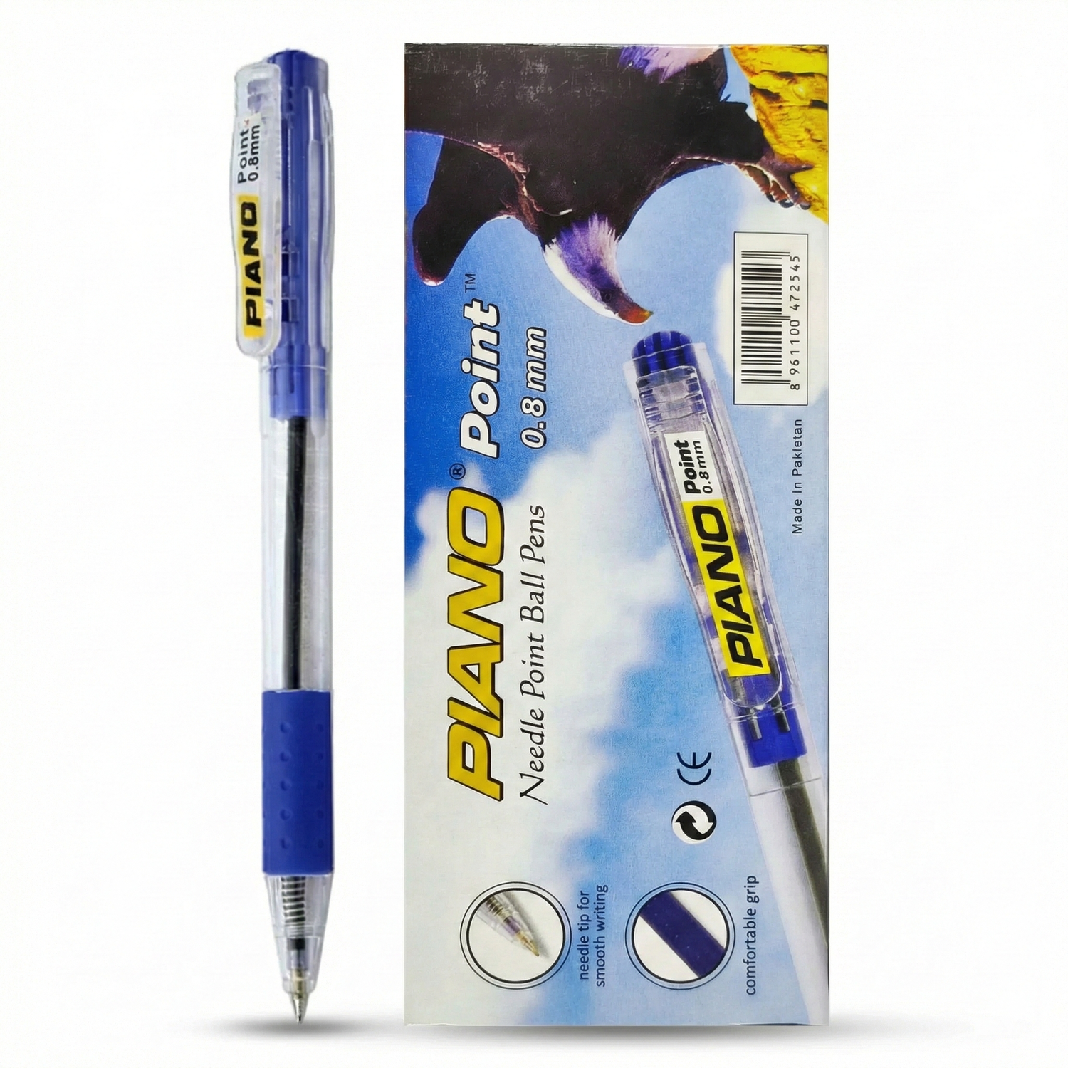 Piano Ball Pen 0.8mm Blue needle point ballpoint pen with packaging showing product features and comfortable grip design