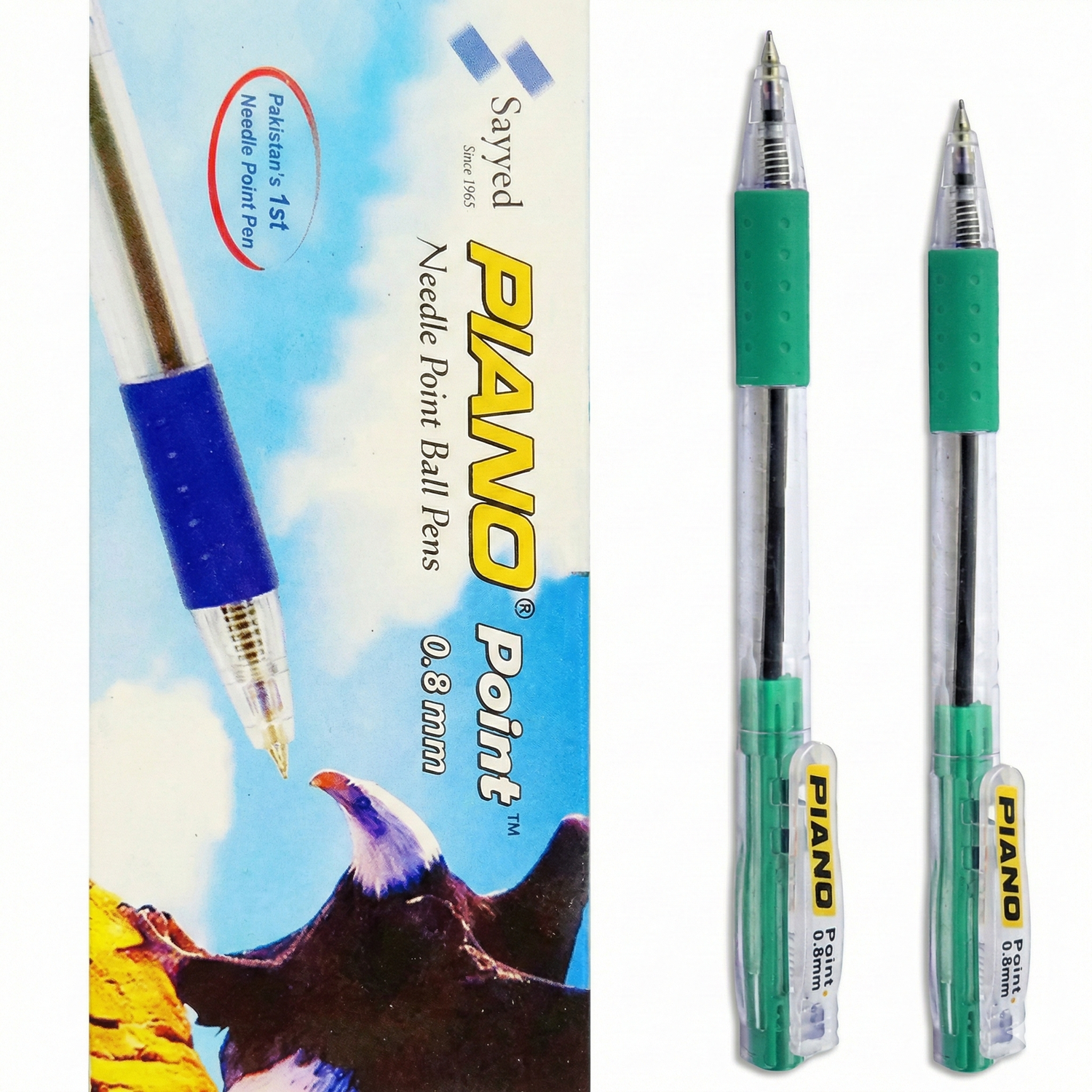 Piano Ball Pen 0.8mm Green - Pack of 2 needle point pens with green barrels and metallic tips shown in product packaging