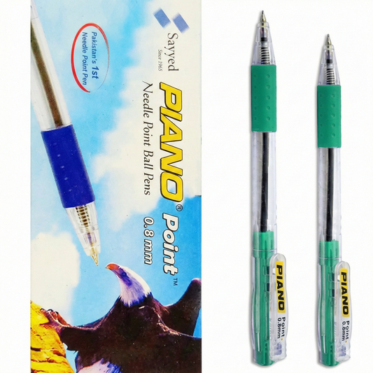 Piano Ball Pen 0.8mm Green - Pack of 2 needle point pens with green barrels and metallic tips shown in product packaging