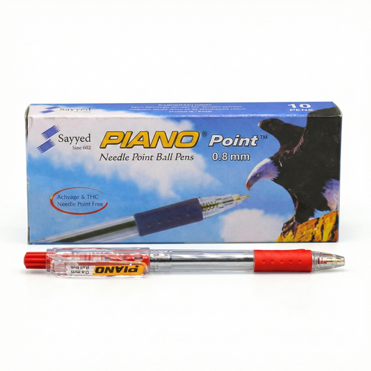 Sayyed Piano Point red ball pen 0.8mm with packaging box, showing needle point tip and red grip design