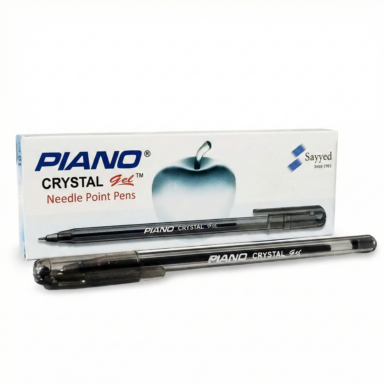 Piano Crystal Gel Needle Point Pens in black with product box featuring apple design and Sayyed branding, showing 2 pens.