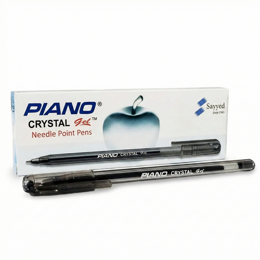Piano Crystal Gel Needle Point Pens in black with product box featuring apple design and Sayyed branding, showing 2 pens.