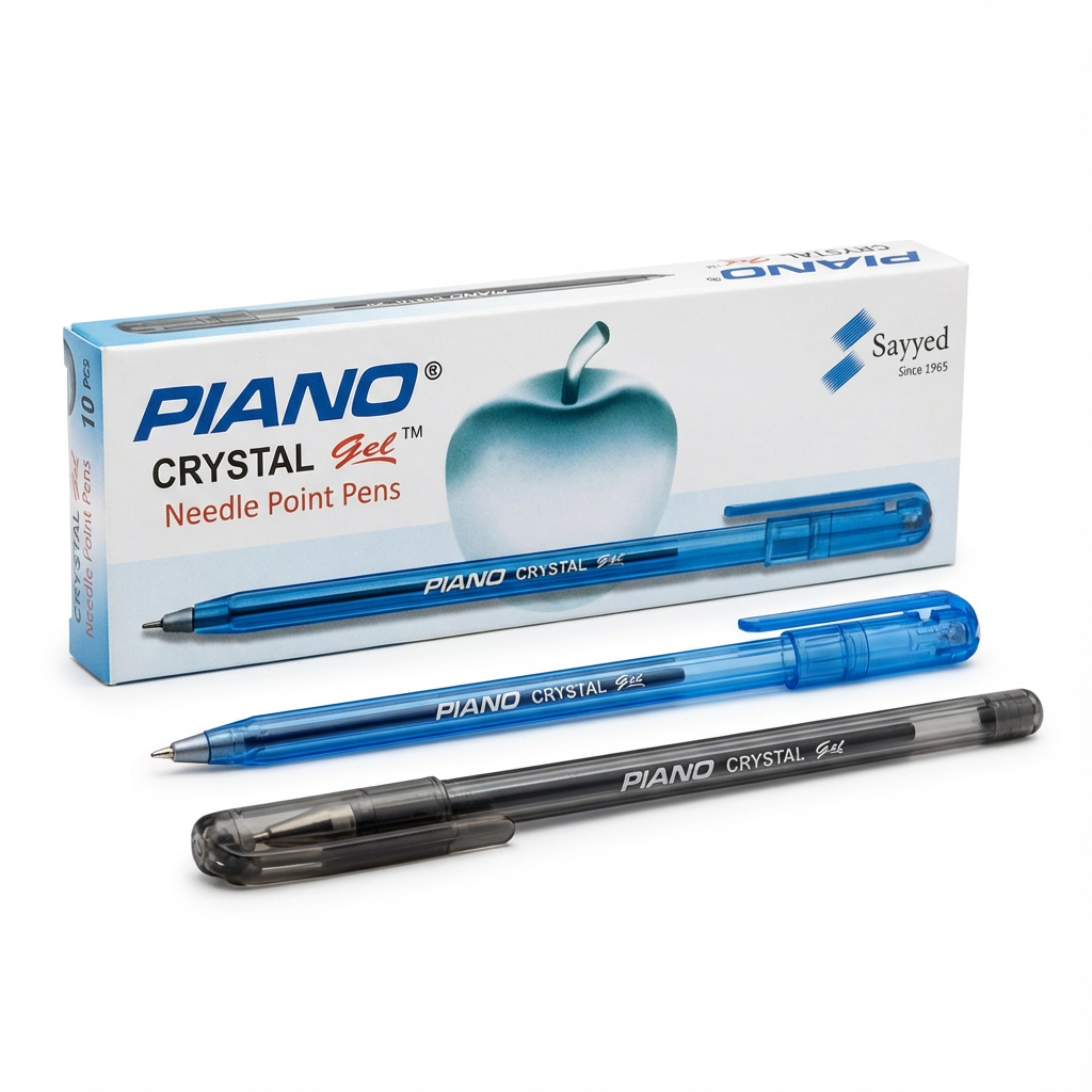Piano Crystal Gel Needle Point Pens box with 2 pens - blue and black, showing product packaging and Sayyed branding
