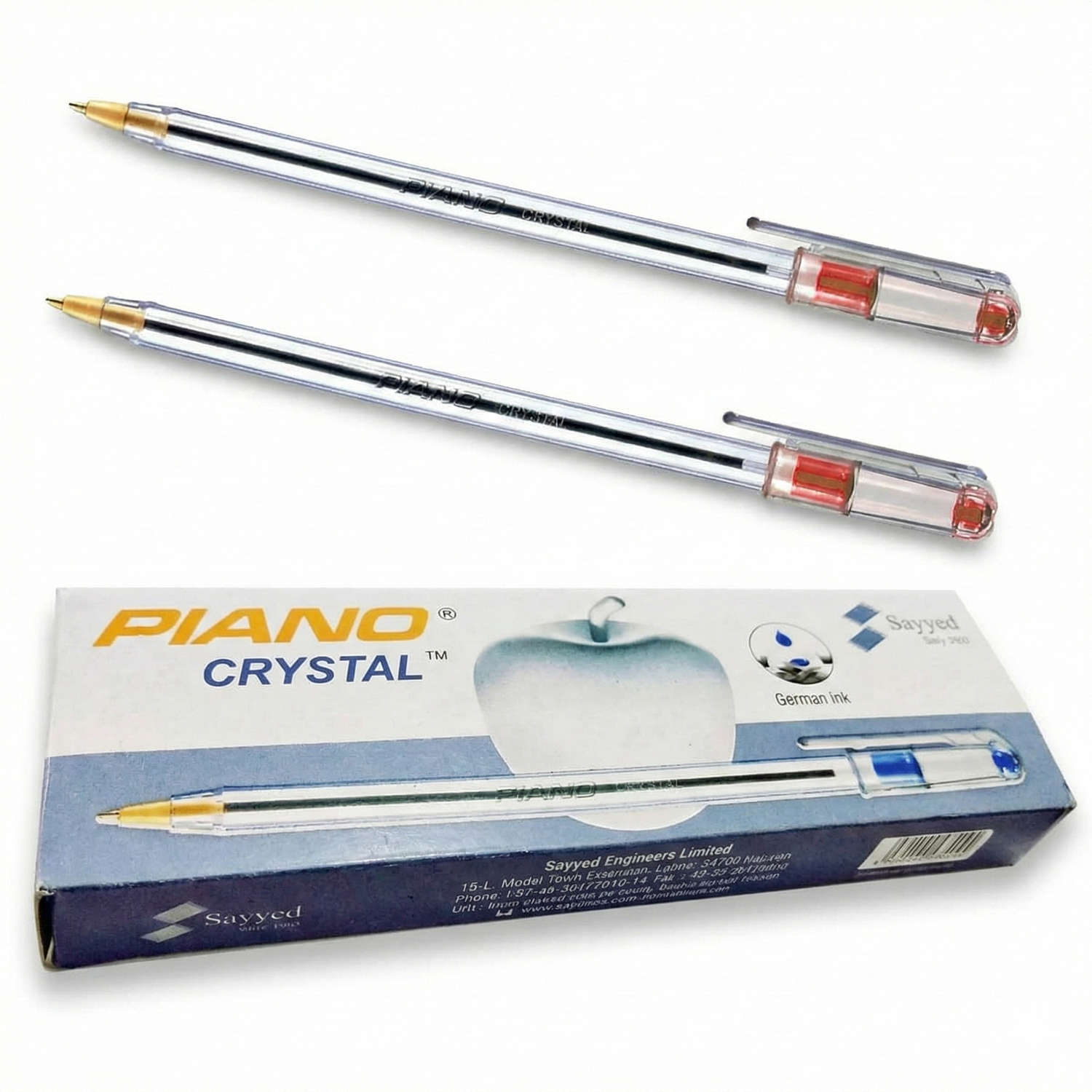 Piano Crystal Ball Pen Red - Pack of 2 pens with transparent barrel, black stripe, red ink, German ink, displayed with blue packaging box