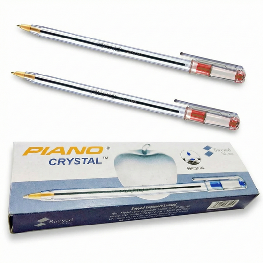 Piano Crystal Ball Pen Red - Pack of 2 pens with transparent barrel, black stripe, red ink, German ink, displayed with blue packaging box