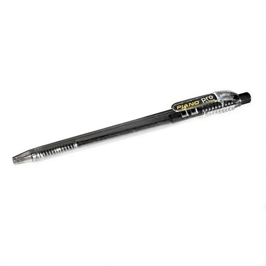 Piano Pro black ball pen with silver ridged grip and clear ink window on white background