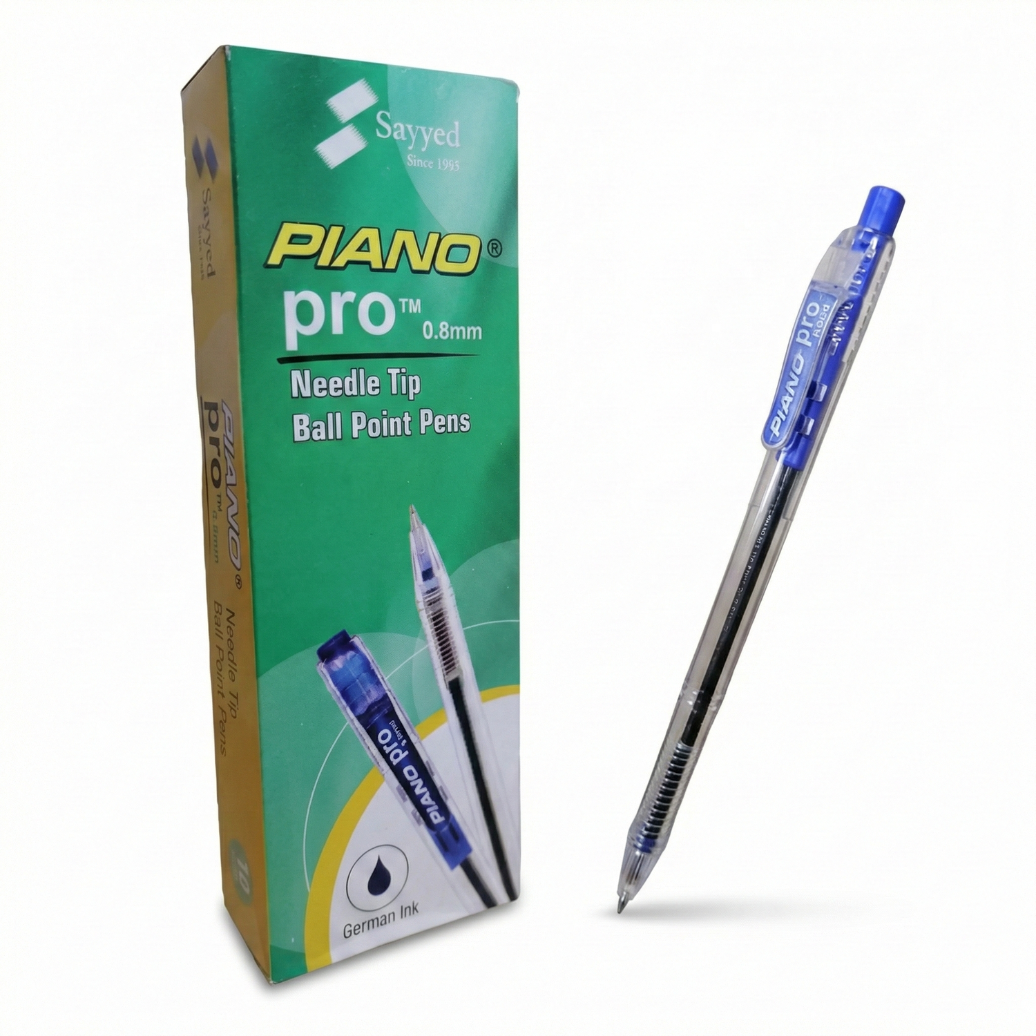 Sayyed Piano Pro 0.8mm blue ball point pen with packaging box and single pen displayed showing needle tip design and German ink feature