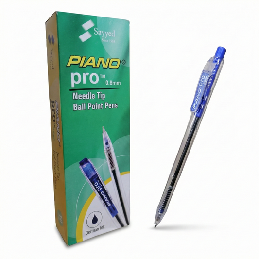 Sayyed Piano Pro 0.8mm blue ball point pen with packaging box and single pen displayed showing needle tip design and German ink feature