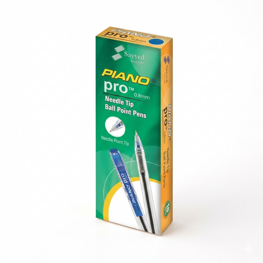 Sayyed Piano Pro 0.8mm needle tip ball point pens, pack of 10, blue and silver pens shown on green and gold packaging