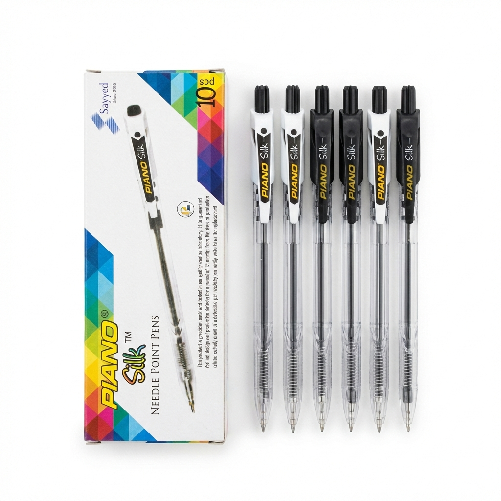 Piano Silk Ball Pen Black 6-pack showing packaging box and six black and white needle point pens arranged in display