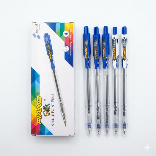 Piano Silk Blue Ball Pens - Set of 5 needle point pens with blue barrels shown in packaging box and individual pens displayed.