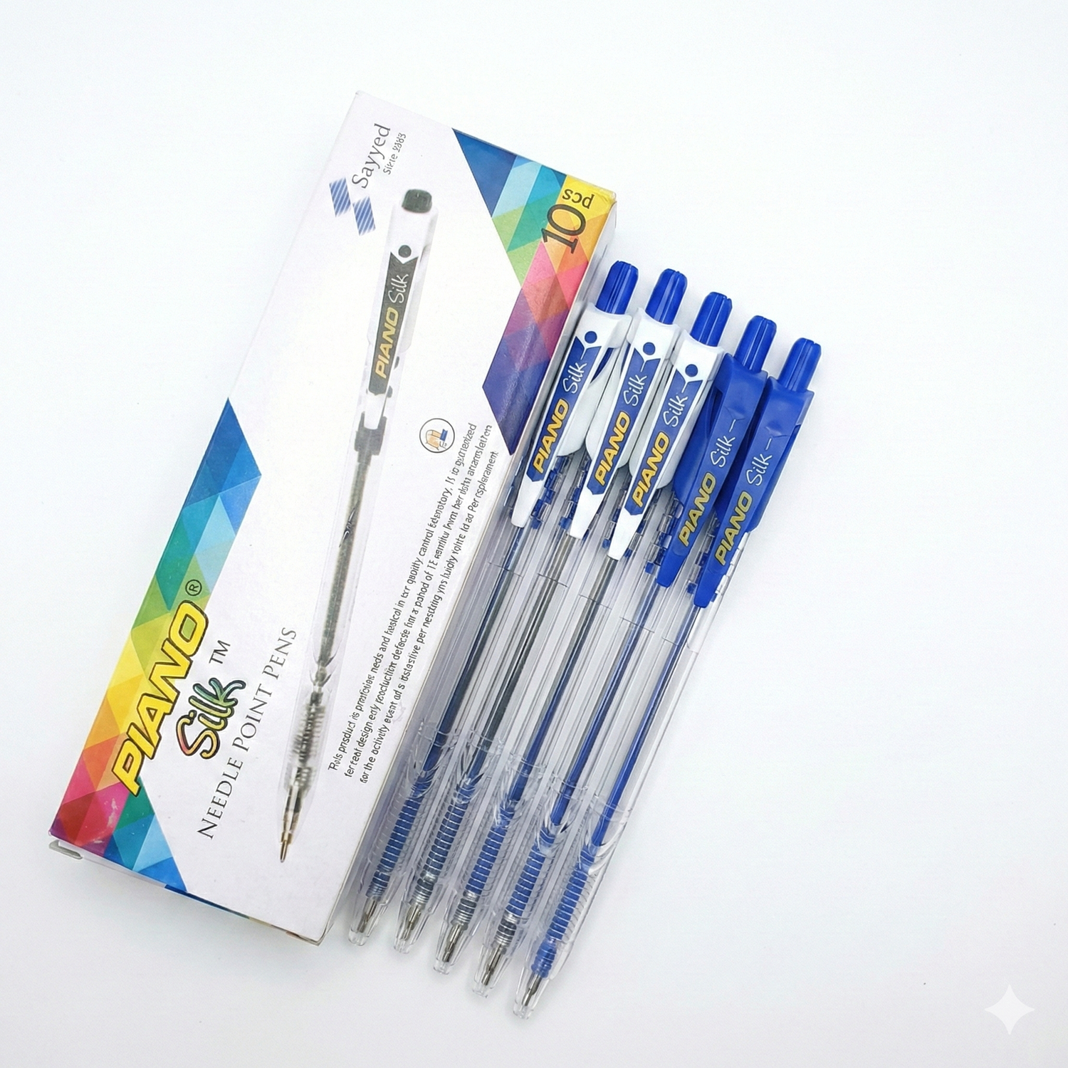 Piano Silk Ball Pen Set - 6 blue ball pens with needle point tips, displayed with colorful product packaging