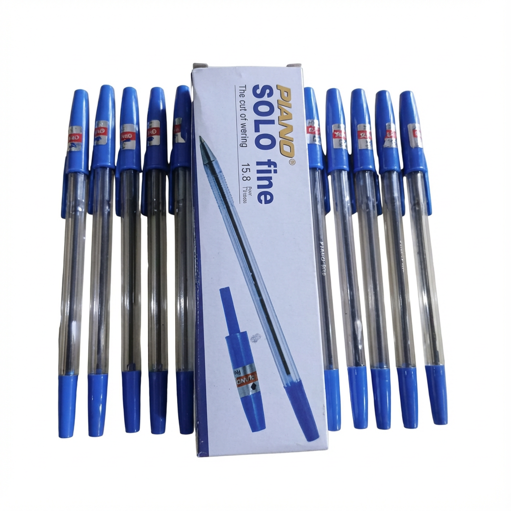Panda Solo Fine Ball Pen pack containing 15 blue ballpoint pens with 1.5mm fine tip, displayed with product box showing packaging details