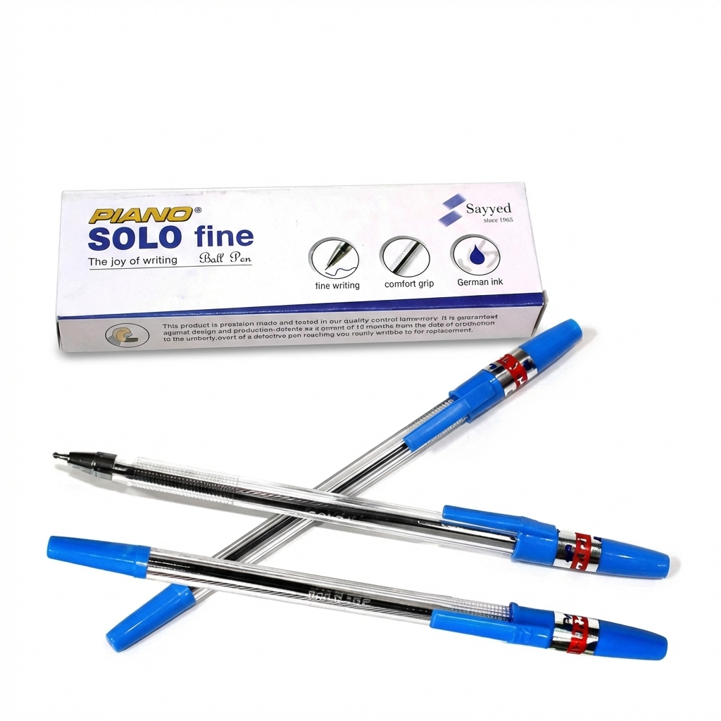 Piano Solo Fine Blue Ball Pen - Pack of 3 pens with packaging box, showing blue barrels, comfort grips, and fine writing tips