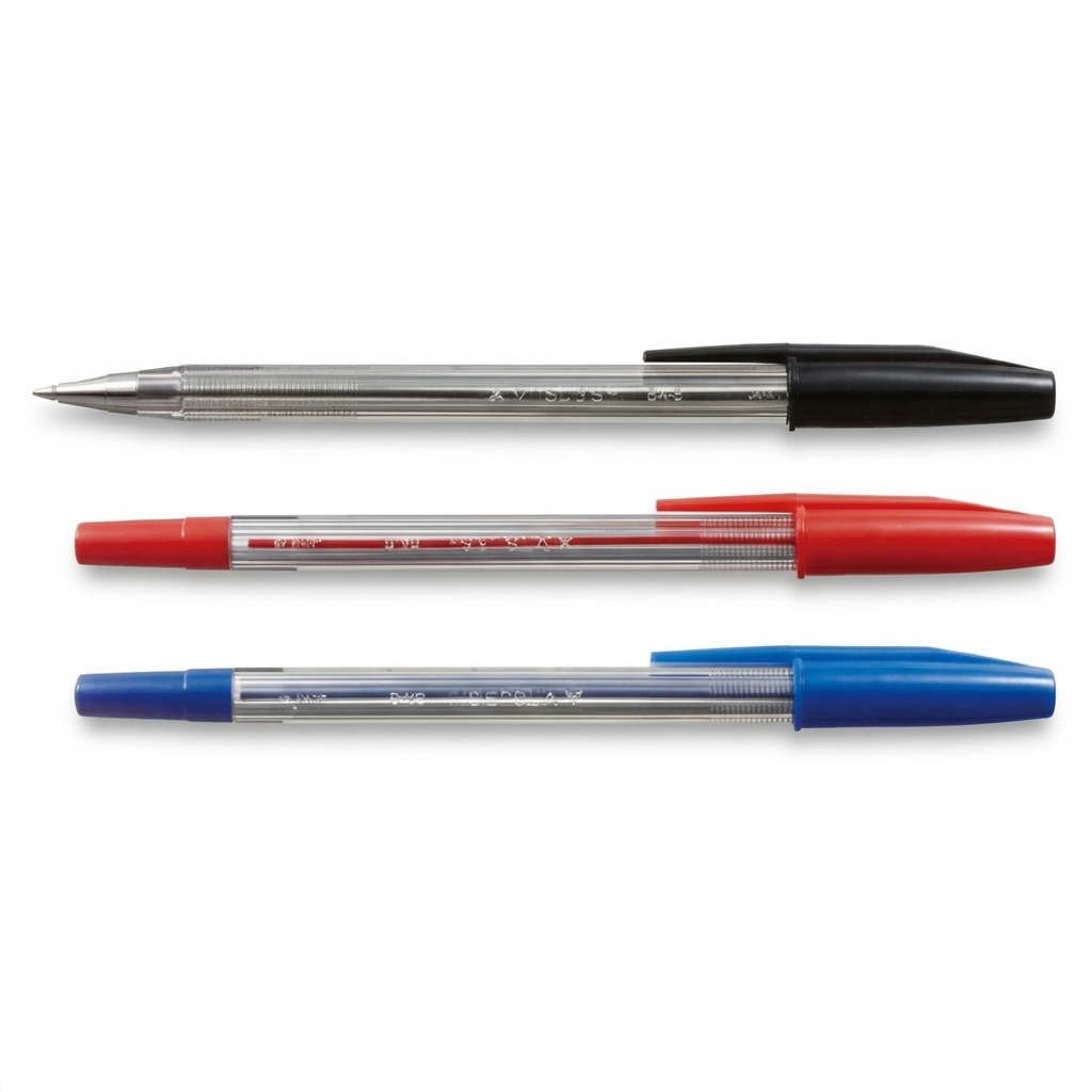 Three Ball Pen Piano Solo ballpoint pens in black, red, and blue with transparent barrels and color-matched caps displayed horizontally
