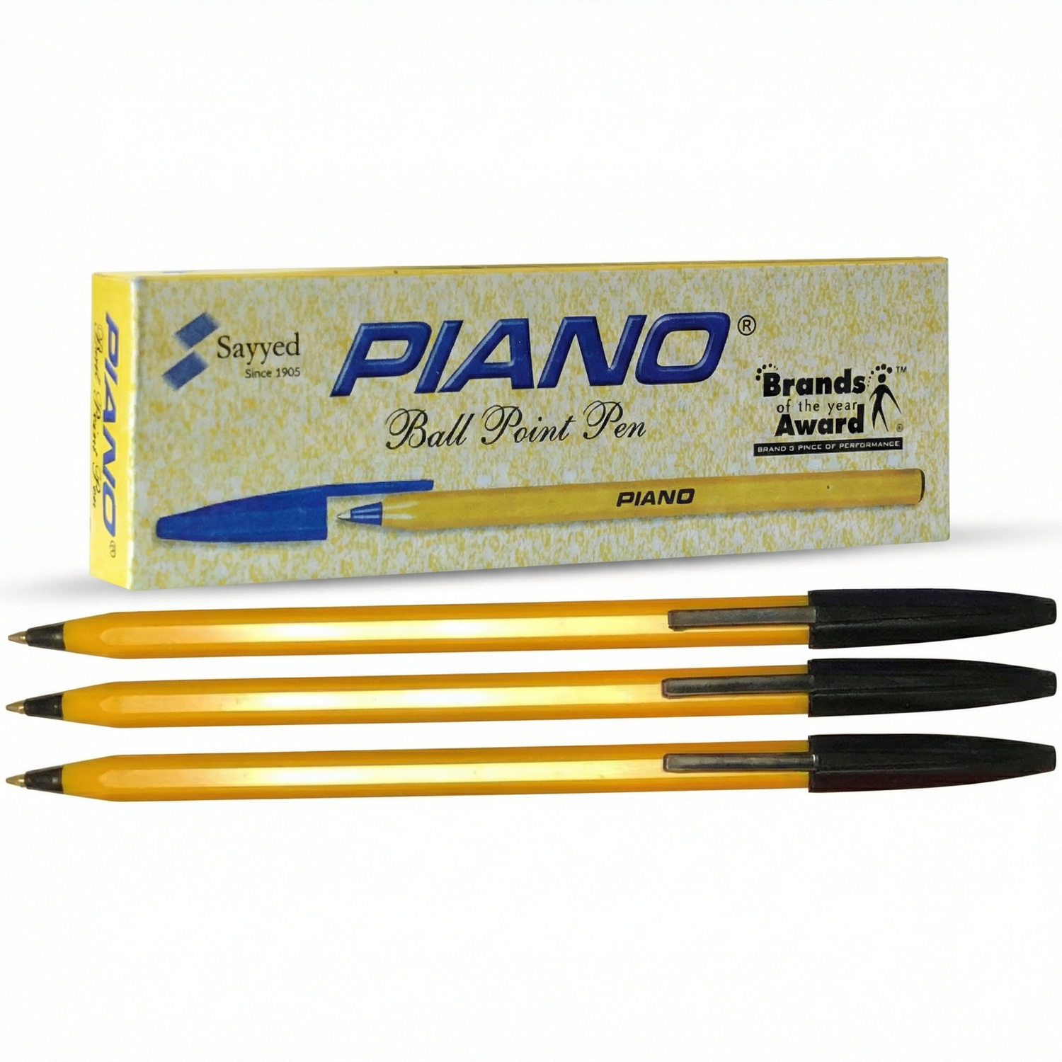 Sayyed Piano Ball Point Pen Yellow Black - Box packaging and 3 individual pens with gold barrels and black caps displayed