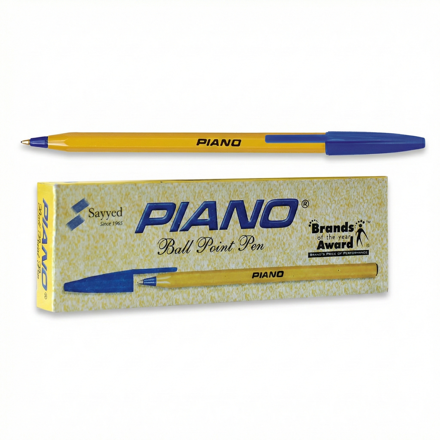Piano Ball Point Pen with yellow barrel and blue cap/trim, shown with product packaging box featuring Sayyed branding and Brands of the Year award.