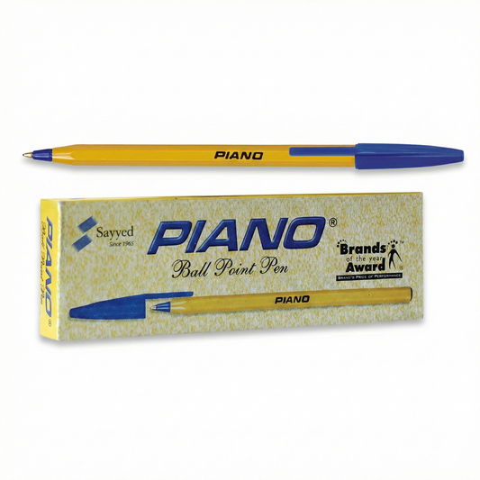 Piano Ball Point Pen with yellow barrel and blue cap/trim, shown with product packaging box featuring Sayyed branding and Brands of the Year award.