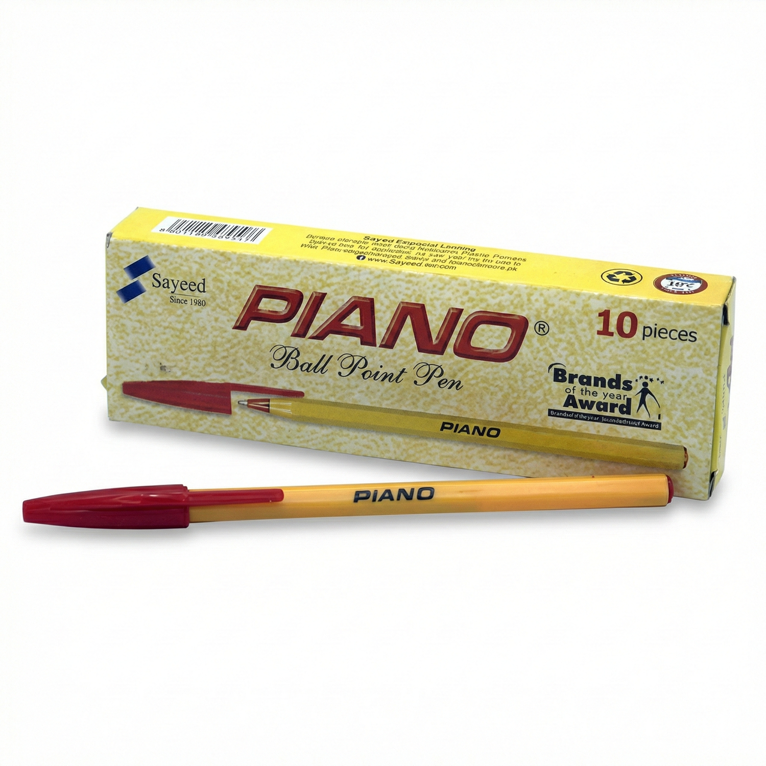 Sayeed Piano Ball Point Pen pack of 10 with yellow barrel and red cap, displayed with product packaging and individual pen shown