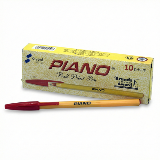 Sayeed Piano Ball Point Pen pack of 10 with yellow barrel and red cap, displayed with product packaging and individual pen shown