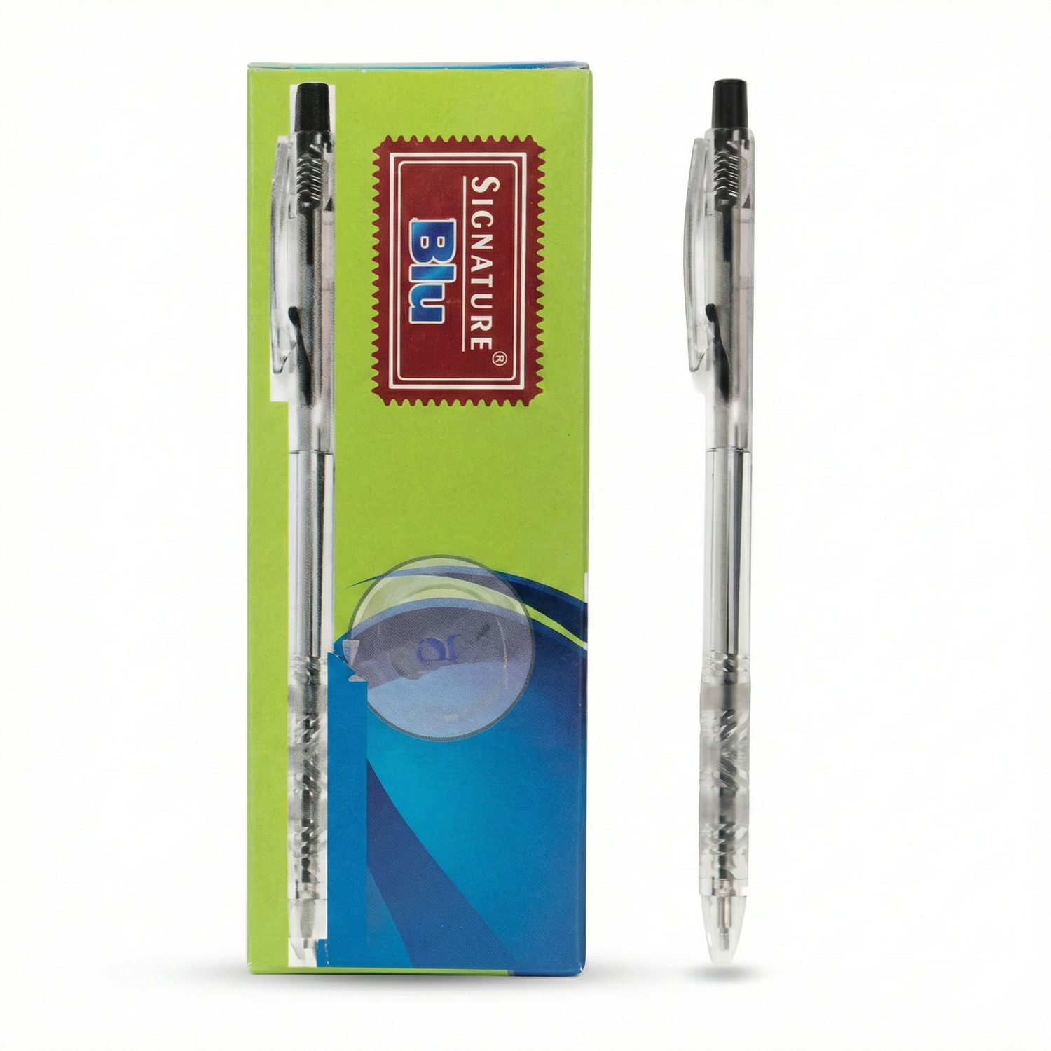 Blu Signature black ballpoint pen shown in packaging and individually. Metallic barrel with black grip and cap, professional pen design.