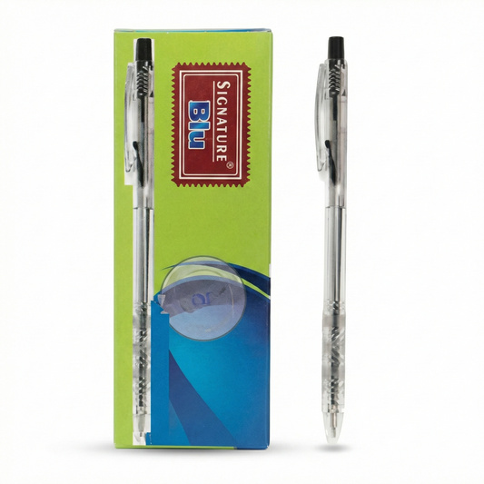Blu Signature black ballpoint pen shown in packaging and individually. Metallic barrel with black grip and cap, professional pen design.