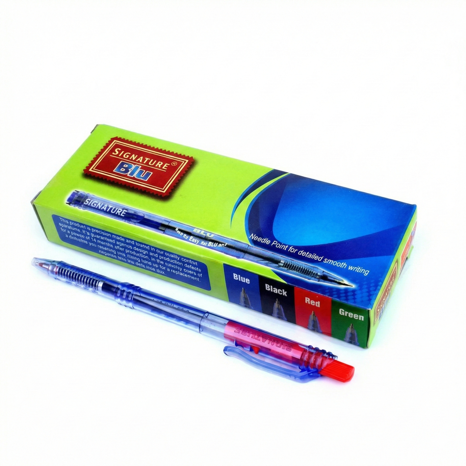 Signature Blu ball pen set with blue, black, red and green pens displayed with bright green packaging box on white background