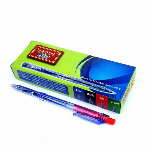 Signature Blu ball pen set with blue, black, red and green pens displayed with bright green packaging box on white background