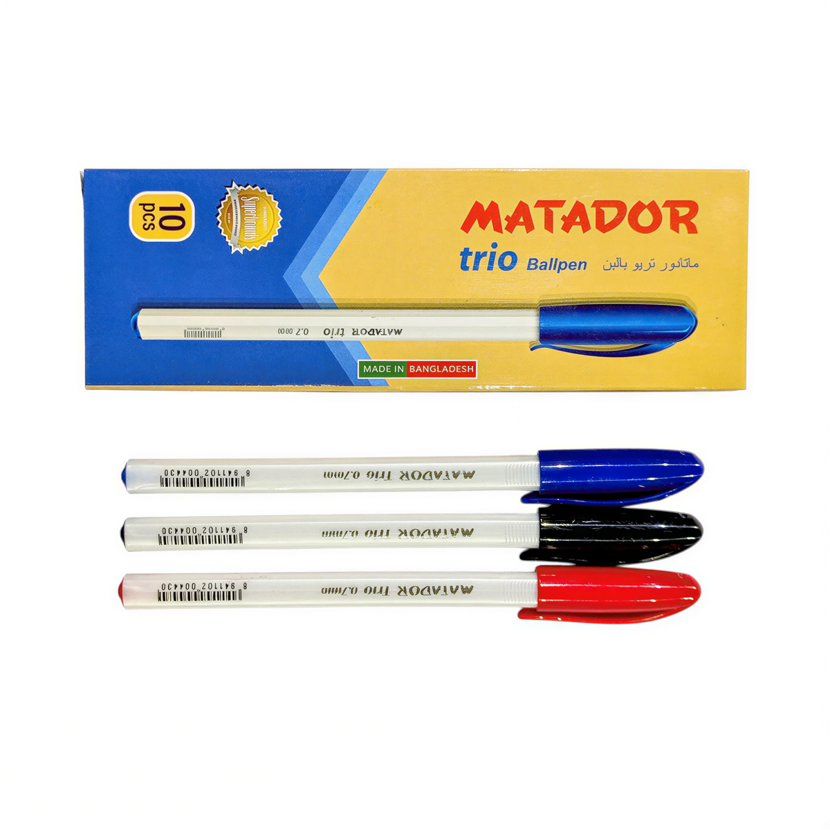 Matador Trio Ballpen set with 3 pens in blue, black, and red colors with packaging