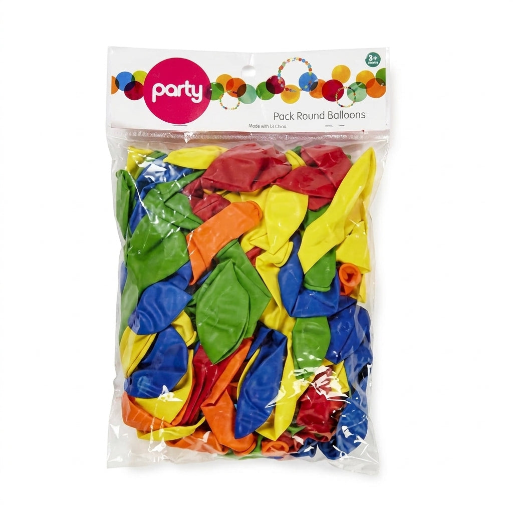 Party Pack Round Balloons assorted colors including red, yellow, blue, green, and orange in clear package