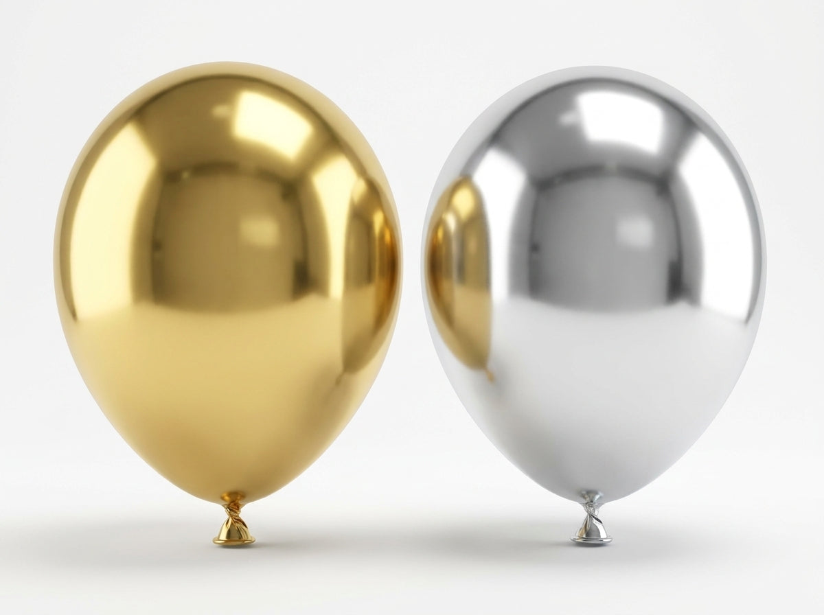 Two metallic balloons—one gold and one silver—with reflective mirror finishes displayed against a light background.