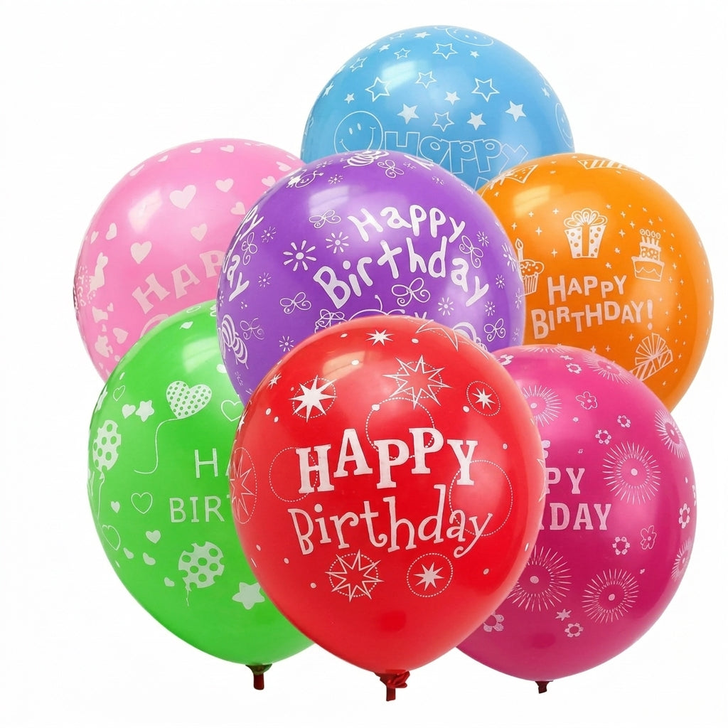 6 assorted colorful Happy Birthday printed balloons in blue, pink, purple, red, orange and green